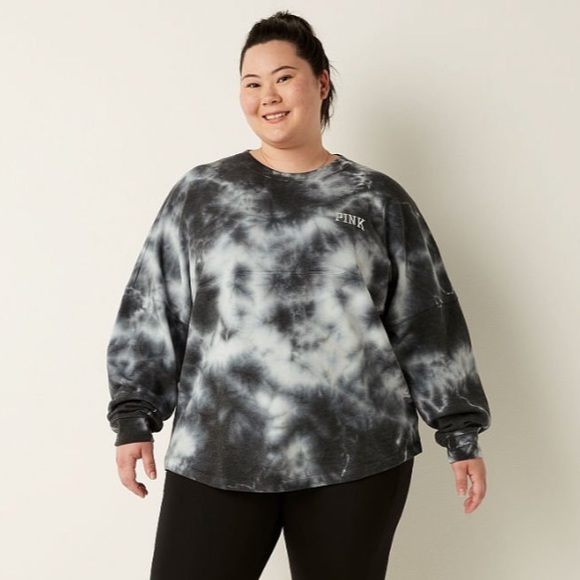 Vs Victorias Secret Pink Varsity Crew Sweater Jacket Top Black Ivory Tie Dye XS - Picture 2 of 7